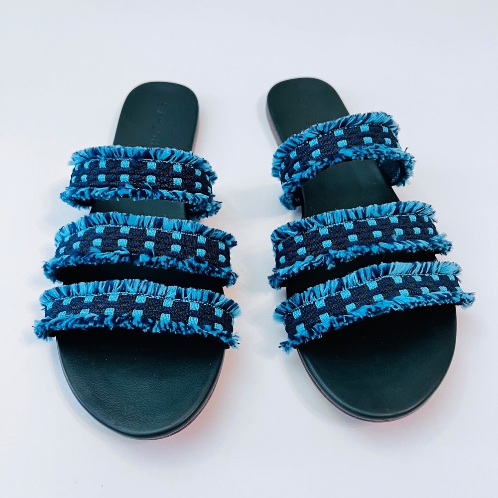 Rothy's Triple Band Slides Teal Blue‎ Fringe Women's 11 Boho Comfort
